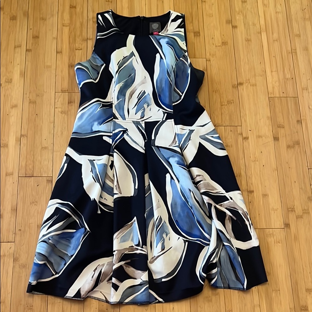 Vince Camuto Sleeveless Blue and White Fit and Flare Midi